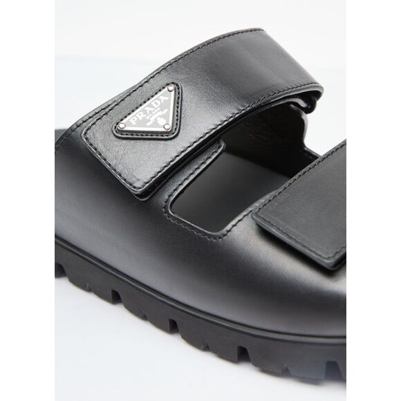 Prada Men Logo Plaque Leather Slides - Picture 2 of 7